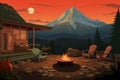 mountain cabin with stone fire pit, magazine style illustration Royalty Free Stock Photo