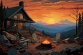 mountain cabin with stone fire pit, magazine style illustration Royalty Free Stock Photo