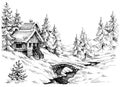 Mountain cabin in the woods near river Royalty Free Stock Photo