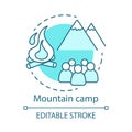 Mountain camp concept icon. Summer hiking and camping club, holiday resort idea thin line illustration. Travelling in