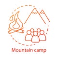 Mountain camp concept icon. Summer hiking and camping club, holiday resort idea thin line illustration. Travelling in