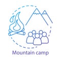 Mountain camp concept icon. Summer hiking and camping club, holiday resort idea thin line illustration. Travelling in