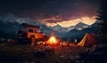 mountain campfire and backpacker car with mountain background, generative ai