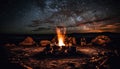Mountain campfire glows in natural phenomenon, Milky Way above generated by AI