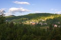 Mountain Carpathian landscape and cloudy morning summer sky. Royalty Free Stock Photo