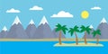 Mountain cartoon view of an island in the sea with hills, trees Royalty Free Stock Photo