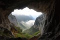 mountain cave with view of misty valley below, surrounded by towering peaks