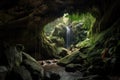 mountain cave with waterfall and rushing stream, surrounded by lush greenery