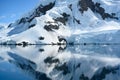 Typical antarctic landscape with high mountain chain reflecting in ocean. Glacier reaching to the sea, Antarctica.