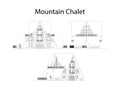 Mountain chalet facade and section, detailed architectural technical drawing, vector blueprint