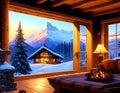 Mountain chalet interior in winter - Generative AI