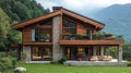 Mountain chalet, modern, luxury home, lush landscape Royalty Free Stock Photo