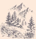 Mountain chalet vector hand drawing