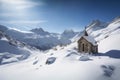 mountain chapel in winter, with view of snow-covered peaks and frozen lakes Royalty Free Stock Photo