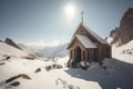 mountain chapel in winter, with view of snow-covered peaks and frozen lakes Royalty Free Stock Photo