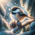 A Mountain Chickadee Perched on a Tree Branch during Winter Snowstorm AI Generated