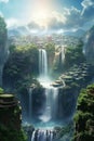 Mountain City and Mystical Waterfall, AI- generated