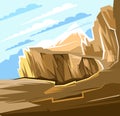 Mountain cliff and abyss. Landscape. A narrow path over the cliff. Large mountains and clouds in the distance. Flat cartoon style