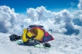 Mountain climber in advanced base camp of Elbrus mount