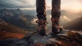 Mountain climber boots background. Extreme outdoor sport shoes. Hiker looking for adventure. Generative AI