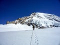 Mountain climber crosses a high alpine glacier on his way to a mountain peak in the Swiss Alps