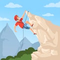 Mountain climber on hills. Poster with male mountaineering explore snow rocky mountain hights achieve extreme adventure