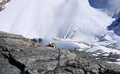 Mountain climber on a steep rocky climb far above a giant glacier