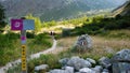 Mountain climbers and hikers on a trail in the French Alps