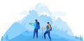 Mountain climbing, climbers people travelers stand on top of mountain background looking on map, carrying a backpack on Royalty Free Stock Photo