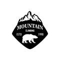 Mountain climbing. Emblem template with rock peak. Design element for logo, label, emblem, sign, poster. Royalty Free Stock Photo