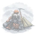 Mountain Climbing Equipment Gear Tent and Backpack with Snowy Mountain Backdrop Illustration Royalty Free Stock Photo