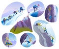 Mountain climbing people vector illustrations isolated on white set. Climber climbs rock wall or mountainous cliff and Royalty Free Stock Photo