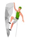 Mountain climbing person. Climber men on rock mountain with equipment. Extreme outdoor sports. Man overhang from rock Royalty Free Stock Photo