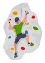 Mountain climbing person. Climber men on rock mountain with equipment. Extreme outdoor sports. Man overhang from rock Royalty Free Stock Photo