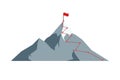 Mountain climbing route to peak with red flag on top rock. Business journey path in progress motivation and success Royalty Free Stock Photo