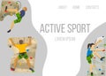 Mountain climbing sport vector web template. Climbers climbs rock wall and extreme sport mountaineer characters