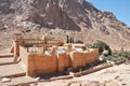 Beautiful Mountain cloister landscape in the oasis desert valley. Saint Catherine`s Monastery in Sinai Peninsula, Egypt