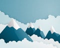 Mountain and cloud scene in paper cut style. Nature landscape clouds and sky background. Vector illustration for wallpaper, poster