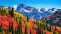 a mountain with colorful trees and snow covered mountains