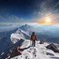 Mountain conqueror Hiker on top of the snow covered peak