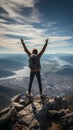 Mountain conqueror, successful hiker revels in panoramic view from triumphant summit