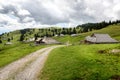 Mountain cottage hut or house on idyllic hill Velika Planina Royalty Free Stock Photo