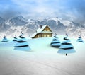 Mountain cottage in winter landscape with high mountain landscape Royalty Free Stock Photo