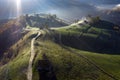 Mountain countryside homestead in the autumn. Wooden barns, aerial drone view