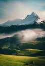a mountain covered in clouds and green grass with a few trees in the foreground and a few houses in the distance Royalty Free Stock Photo