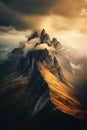 A mountain covered in clouds and yellow grass, AI