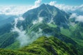 Mountain is covered in green trees and has a cloudy sky. The view is breathtaking and serene Royalty Free Stock Photo