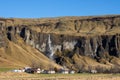 Village and a waterfall Foss a Sidu, south Iceland Royalty Free Stock Photo