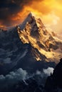 A mountain covered in snow and clouds under a cloudy sky, AI