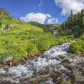 Mountain creek, picturesque spring view. Clean stream, green meadows Royalty Free Stock Photo